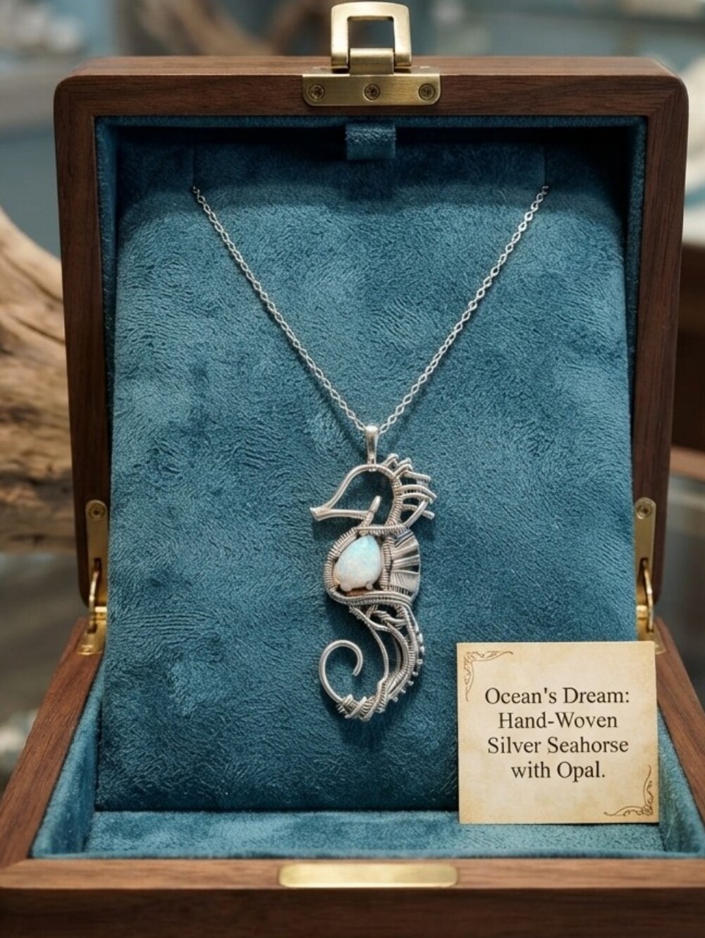 Women's Opal Sea Horse Pendant Necklace in Silver With Sterling Silver Chain